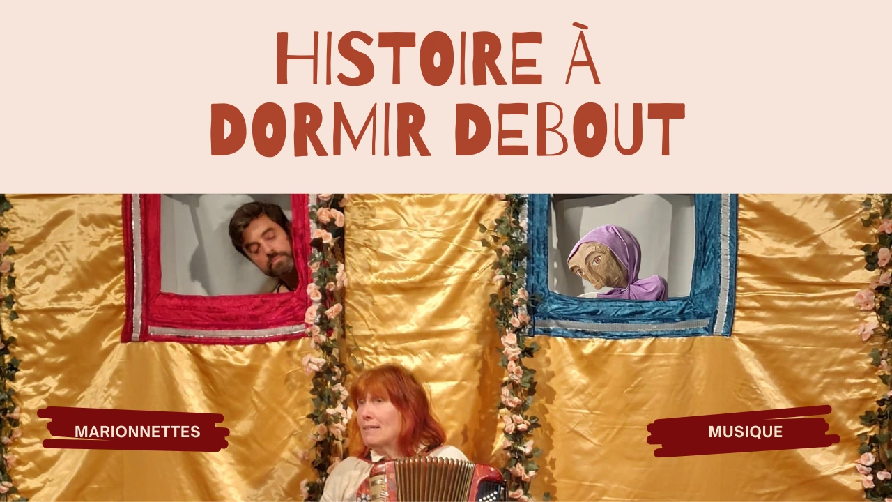visuel du spectacle histoire à dormir debout avec Fanette à l'accordéon et nasreddine qui la regarde par la fenêtre 